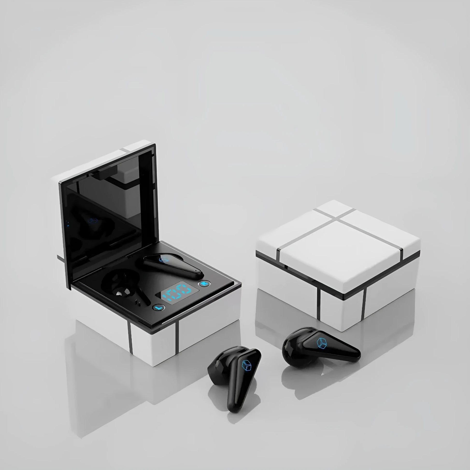Wireless Bluetooth gaming headset with digital display shown in blue and white colour option