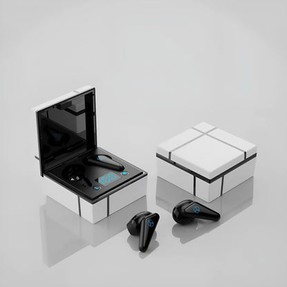 Wireless Bluetooth gaming headset with digital display shown in blue and white colour option