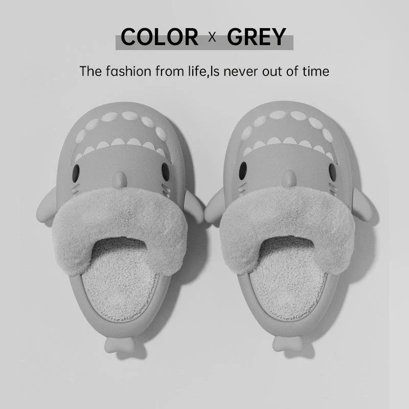 Cozy and stylish shark-themed house slippers with a plush, fuzzy upper and a durable, non-slip sole