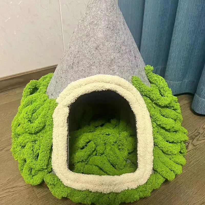 Grey felt cone-shaped cat house with tent design for indoor pets
