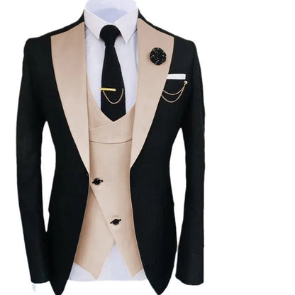 Men's slim fit three-piece business suit in black with contrasting vest, showing complete coat, vest, and trousers set