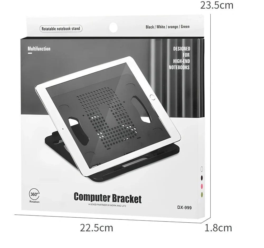 Black portable laptop stand with eight adjustable height settings expanded to 220mm width