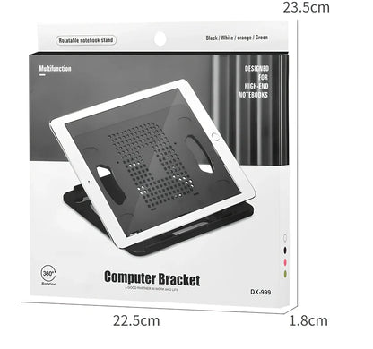 Black portable laptop stand with eight adjustable height settings expanded to 220mm width