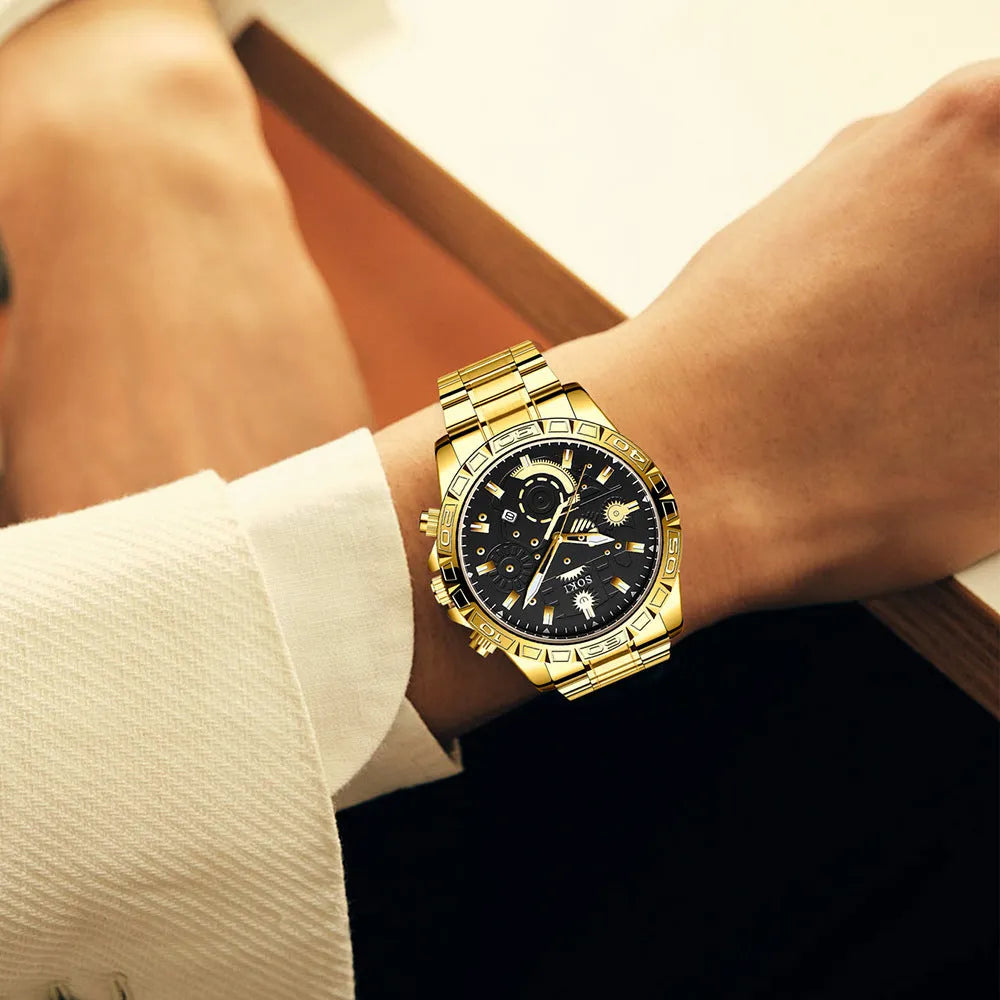 Gold men's business watch with stainless steel strap showing 10mm thickness case and calendar display