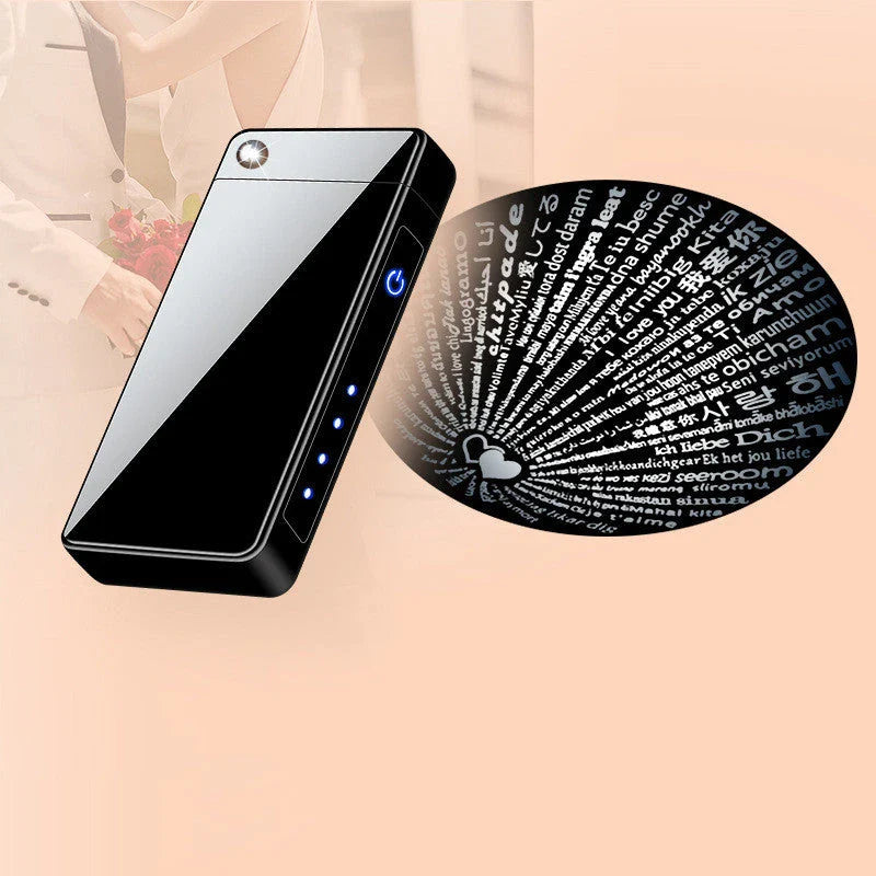 Engraved rechargeable electric lighter with '100 kinds of love' projection feature, available in various ice-inspired color options