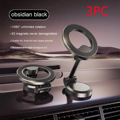 All-metal foldable magnetic car phone mount showing 360-degree rotation and dashboard mounting