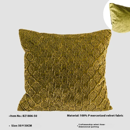 Brown gold antique style quilted cushion pillow showing three-dimensional quilting pattern and feather velvet filler