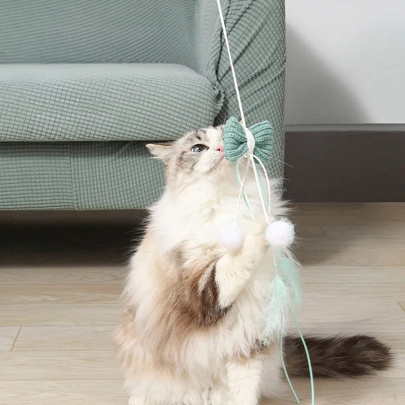 Blue and green long pole cat toy with feather attachments for interactive indoor play with kittens
