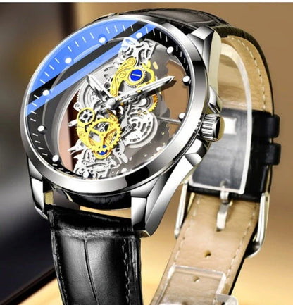 Men's skeleton automatic quartz watch with gold finish and mineral glass face