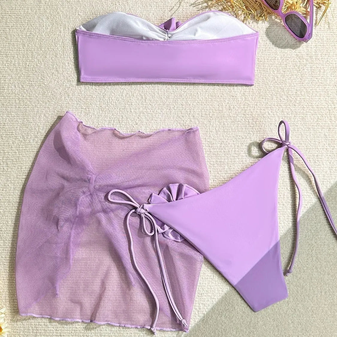 Women's pink tube top swimsuit with three-dimensional flower tie, matching pants and skirt for swimming