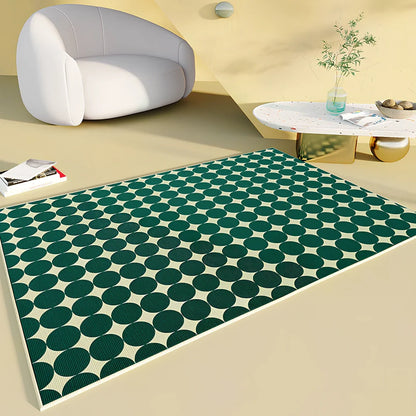 Rectangular checkboard pattern rug in dark green with geometric squares on living room floor