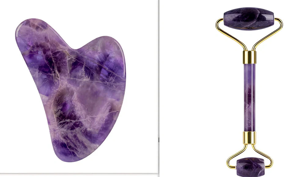 Amethyst facial roller set with heart-shaped gua sha and claw massage tools on white background