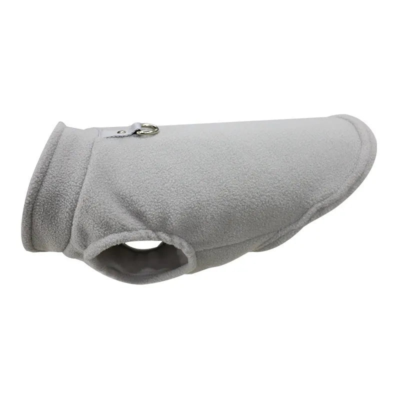 Polar fleece dog waistcoat in solid colour on small dog showing side-open design