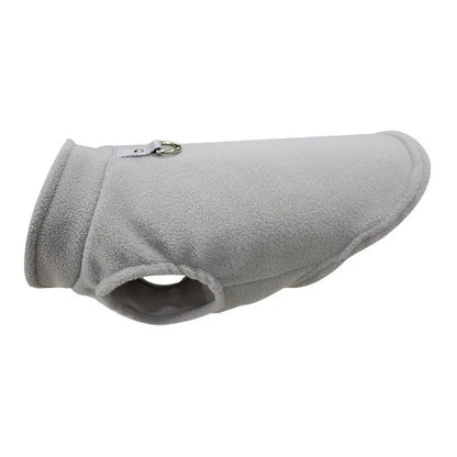 Polar fleece dog waistcoat in solid colour on small dog showing side-open design