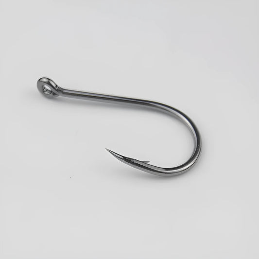 Bulk pack of alloy carbon steel sea fishing hooks with barbed crooked mouth design in various sizes.