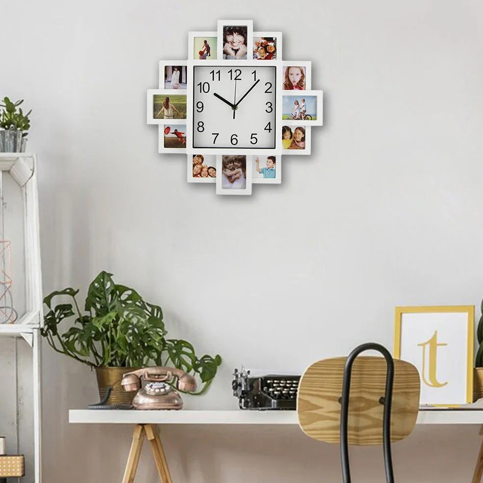 16-inch square black metal wall clock with silent quartz movement and pointer display