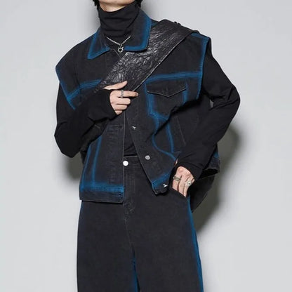 Blue distressed vest and jeans two-piece set with fleece lining, showing spray colour gradient finish and knitwear style
