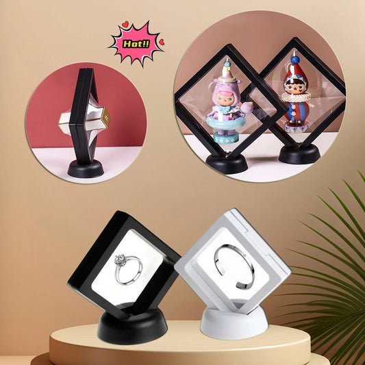 3D floating jewelry and coin display stand in white and black, showcasing items in mid-air