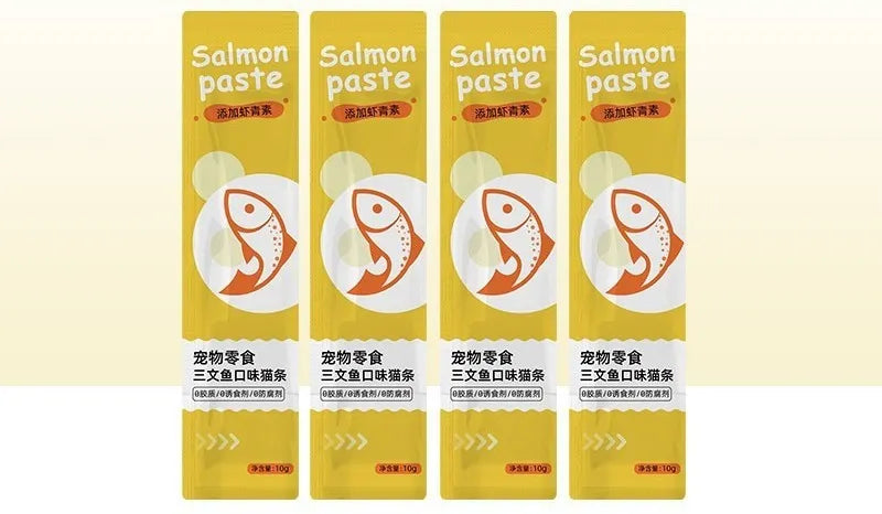 Pack of 10 thin cat strip snacks in four flavours for kittens.