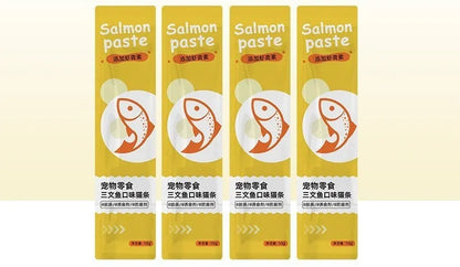 Pack of 10 thin cat strip snacks in four flavours for kittens.