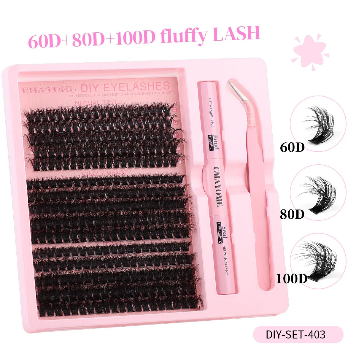 DIY false eyelash extension kit showing single clusters, tweezers, and DIYSET402/403 options on a pink background.