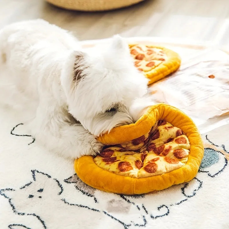 Bright yellow squeaky dog toy shaped like a pizza slice with a soft teddy fabric surface