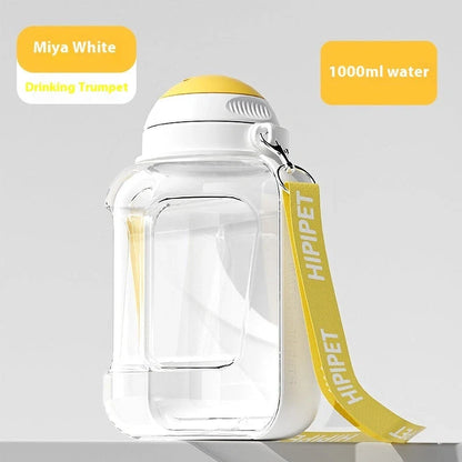 Portable 2-in-1 dog and cat water bowl with food container, available in white, yellow, and grey colors