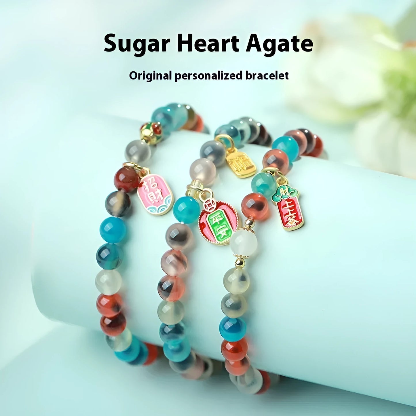 Women's natural agate bracelet with copper coin snake elements in geometric design