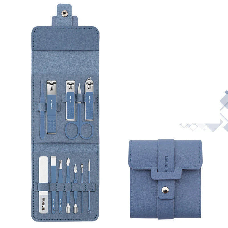 Premium 16-piece manicure set with sleek leather case, including nail clippers, scissors, tweezers, and other grooming tools