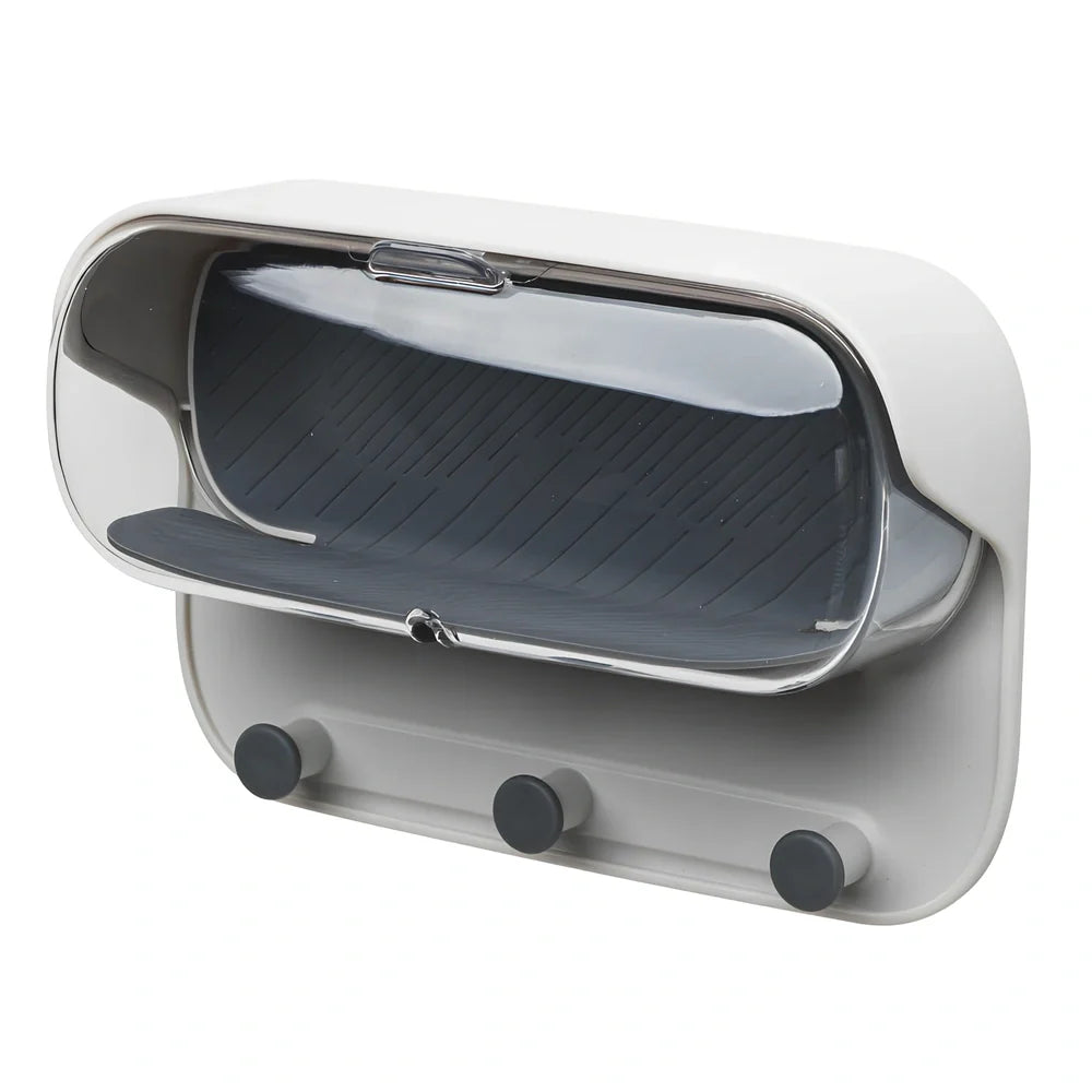 Grey punch-free bathroom wall holder, 17.1cm long with transparent lid for glasses storage