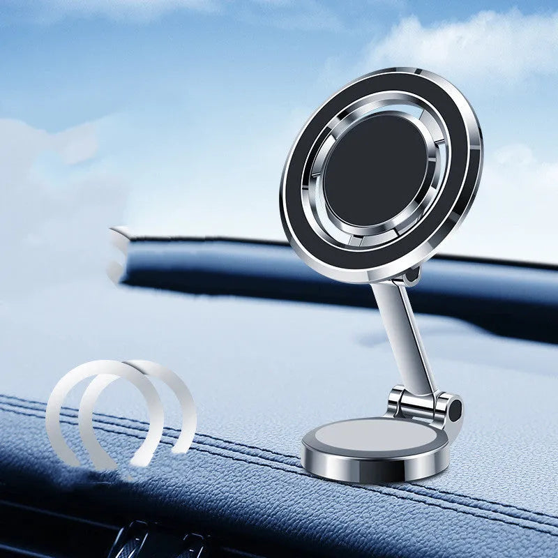 Obsidian black car phone holder with flexible arm and magnetic plate mounted on a car dashboard.