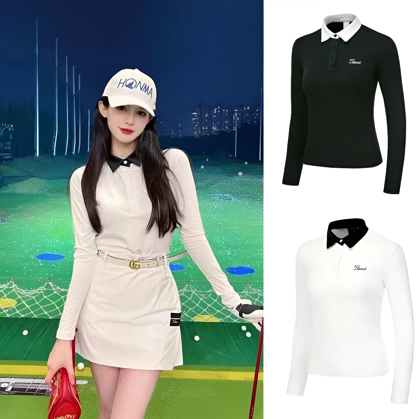 Women's white long-sleeve golf top with slim-fit design for sun protection during outdoor activities