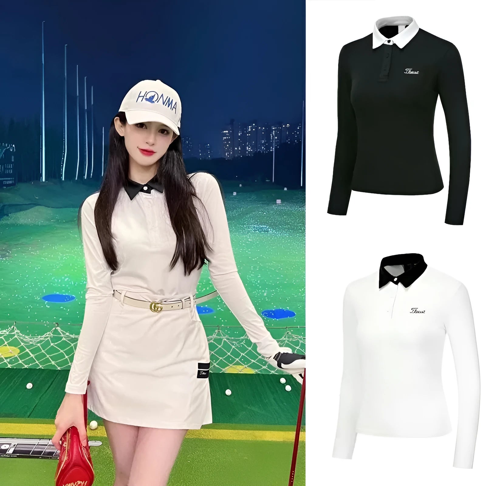 Women's white long-sleeve golf top with slim-fit design for sun protection during outdoor activities