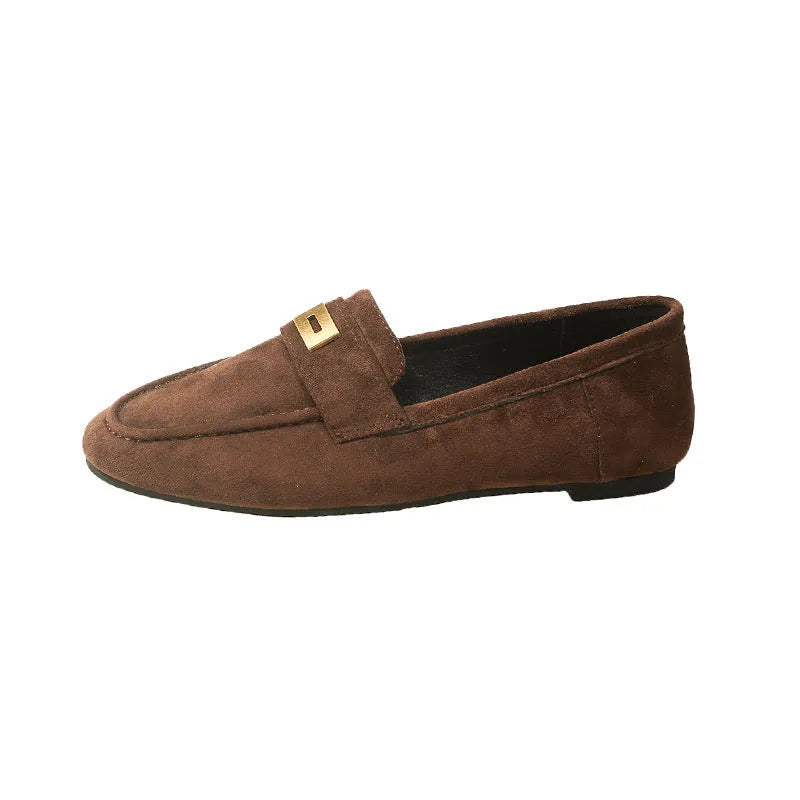 Women's square toe flat loafers in black, khaki, and brown artificial PU, sizes 35 to 40.