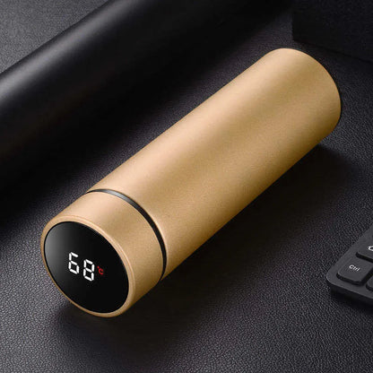 Stainless steel water bottle with double-wall vacuum insulation, shown in black, red, gold, and blue colour options.