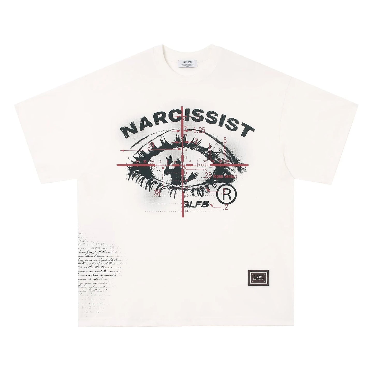 Black and white graphic t-shirt with retro hip hop gothic letter print, short sleeves.