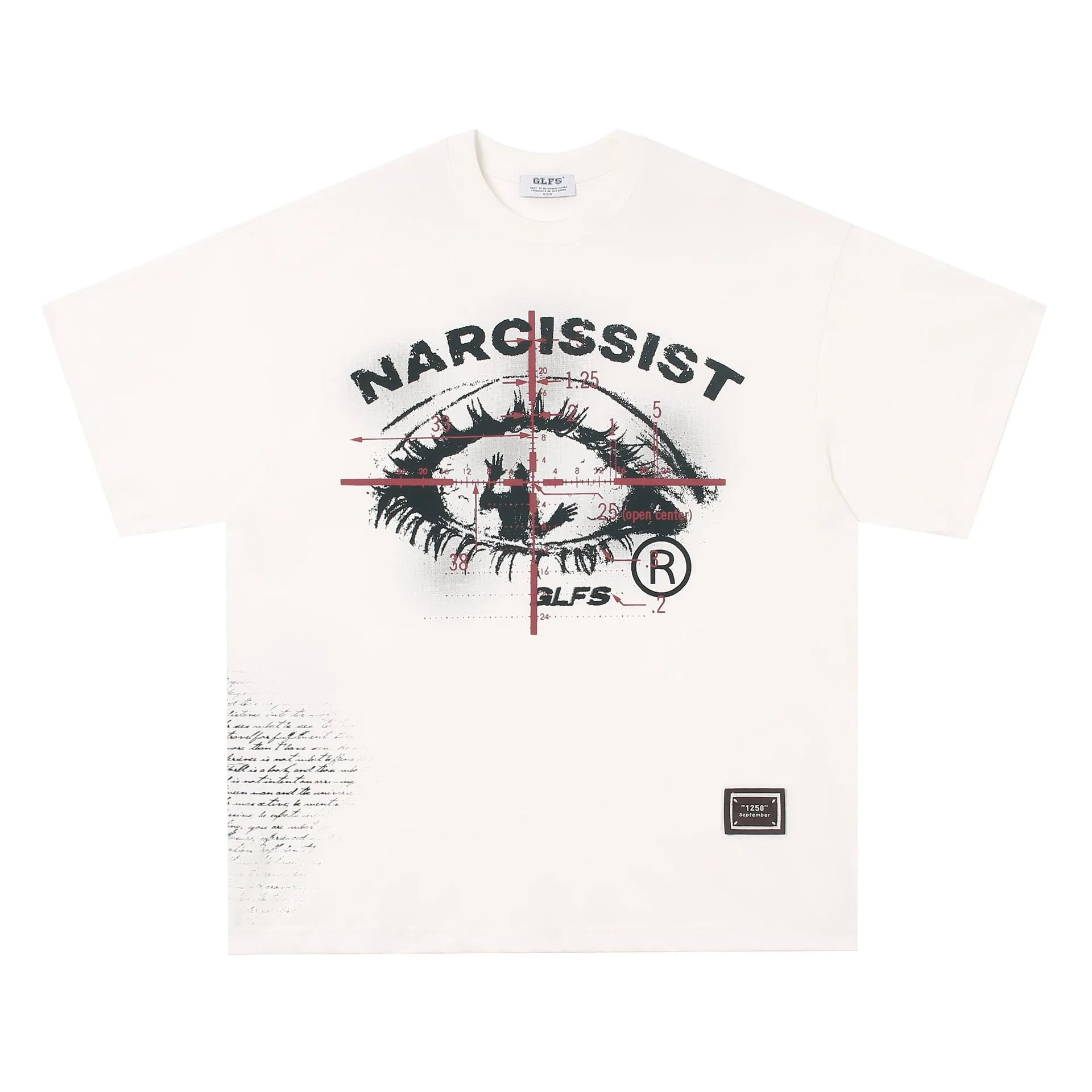 Black and white graphic t-shirt with retro hip hop gothic letter print, short sleeves.
