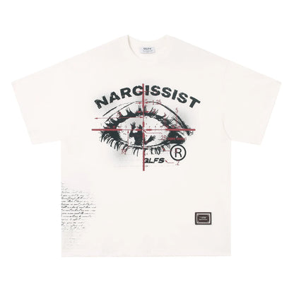 Black and white graphic t-shirt with retro hip hop gothic letter print, short sleeves.