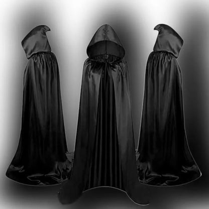 Children's black satin hooded cloak for Halloween wizard or witch costume with gold and purple colour options