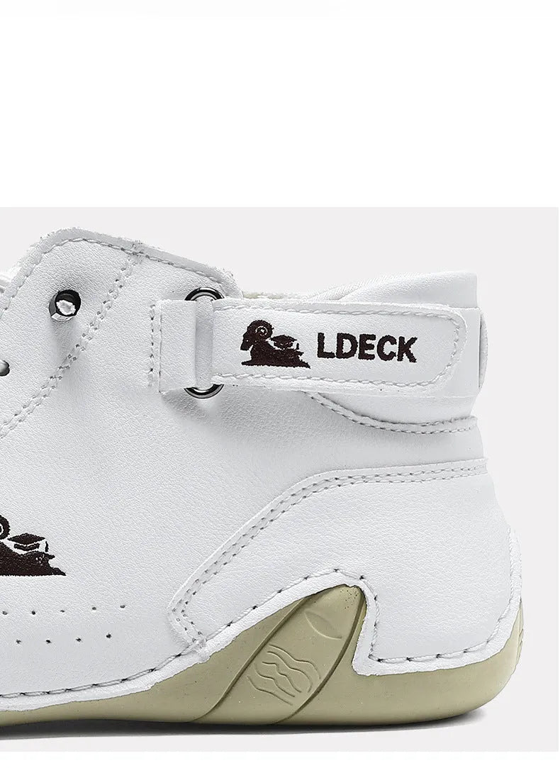 High top men's shoes in khaki with rubber soles and microfiber upper, showing round toe and middle tube height
