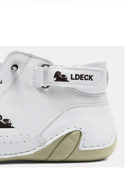 High top men's shoes in khaki with rubber soles and microfiber upper, showing round toe and middle tube height
