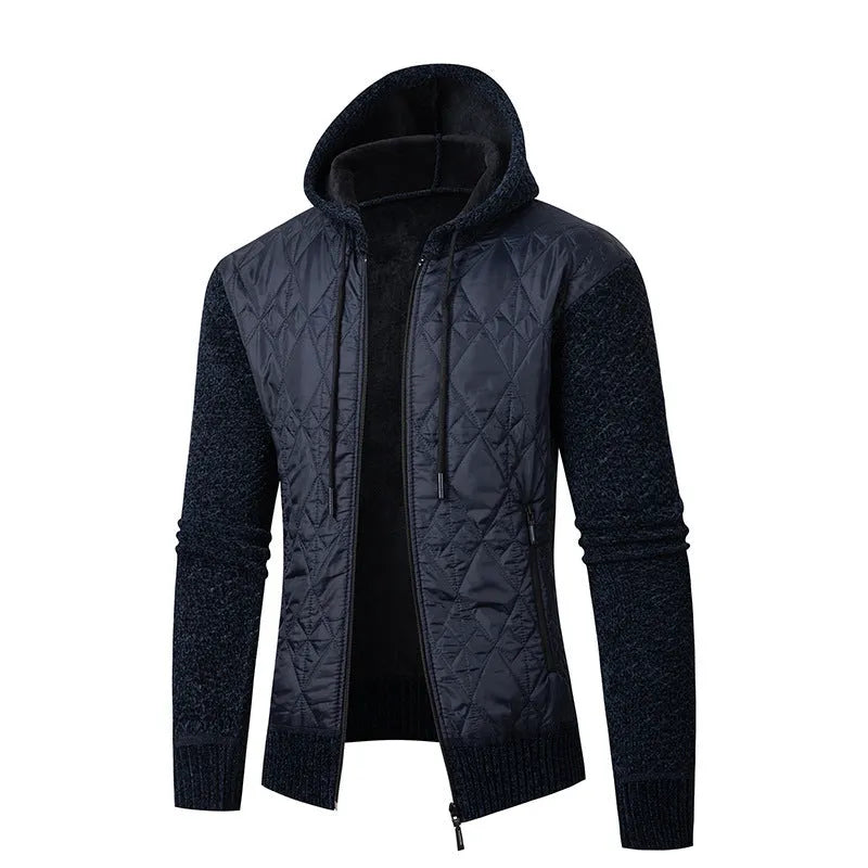 Men's grey hooded sweater coat with cinched style, wool and corduroy fabric, for winter wear
