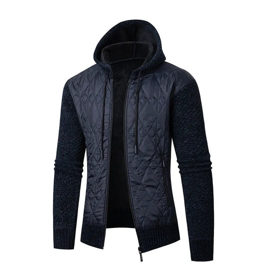 Men's grey hooded sweater coat with cinched style, wool and corduroy fabric, for winter wear