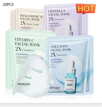 Collagen and hyaluronic acid facial sheet mask set with four variant packages showing 30g gel masks