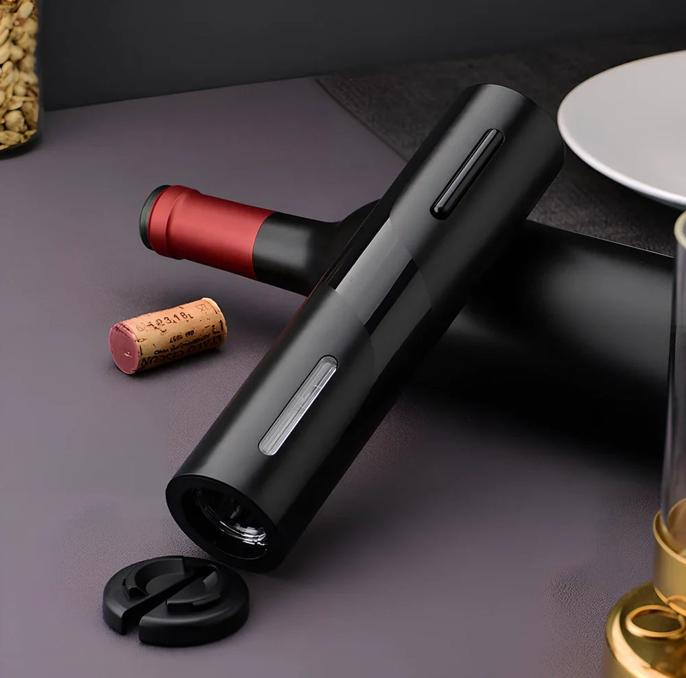Black electric wine bottle opener set with decanter, foil cutter, and vacuum stoppers in storage base