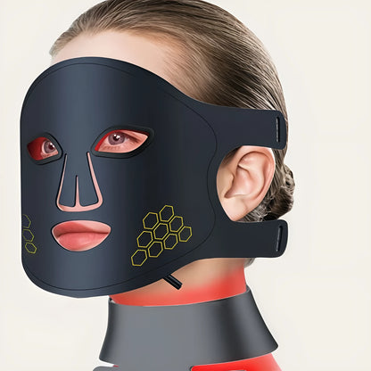Black LED photon light therapy facial mask for at-home skin treatment on wrinkles and acne.