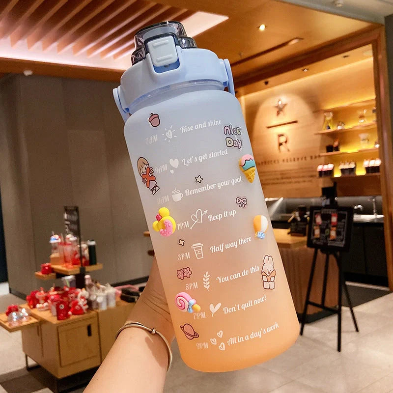 2000ml gradient color water bottle with straw and scale feature