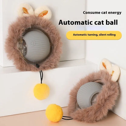 Plush silicone rolling ball cat toy in red, green, and grey colour options for feline self-play entertainment