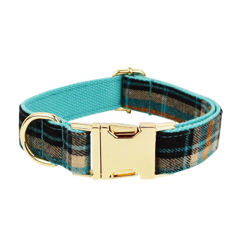 Dog collar and lead set in green retro style, a four-piece bundle including a pet collar, matching dog leash, cute cloth bow tie, and a dog vest, available in sizes XS, S, M, L, and XL for a coordinated outfit.