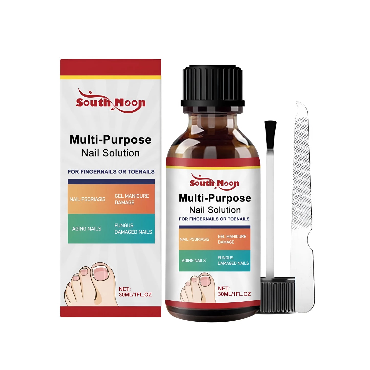 30ml nail care solution bottle with tea tree oil and white willow bark, plus a nail file